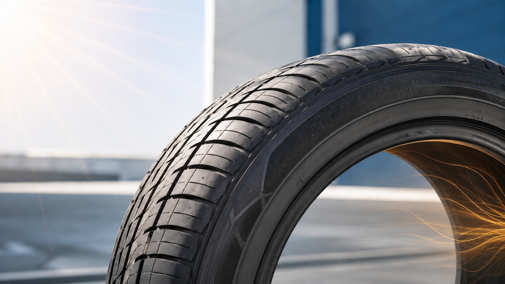 Automotive tire exposed to sunlight, illustrating UV exposure and heat generated during tire use.
