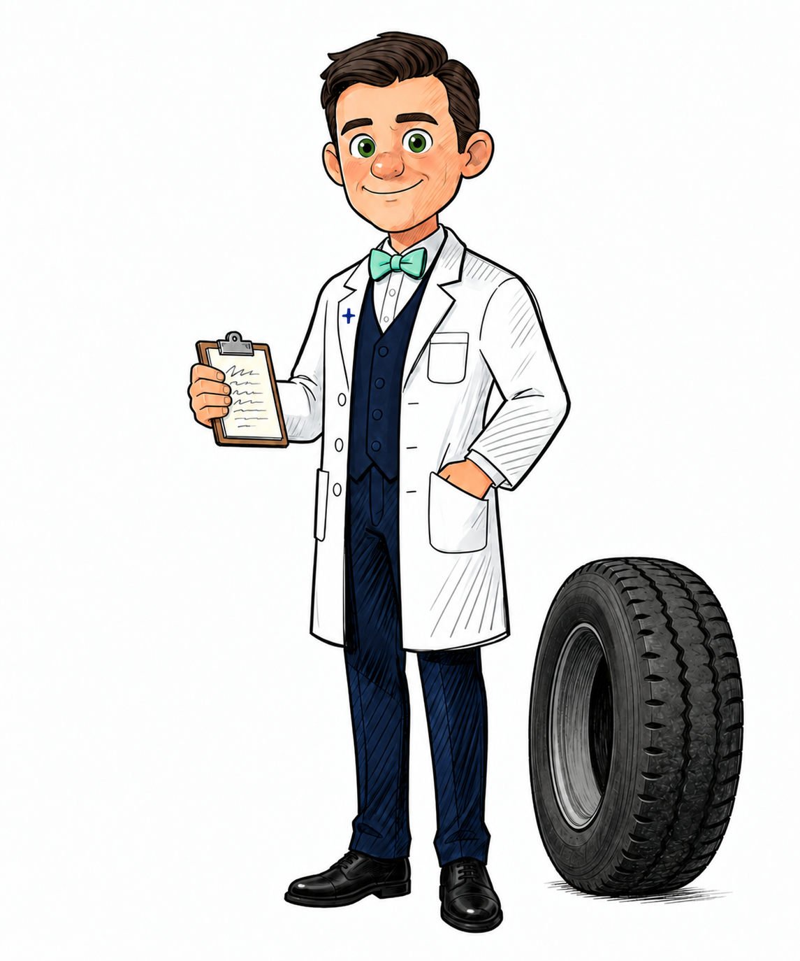 Dr. Zinc holding a technical clipboard beside an automotive tire.
