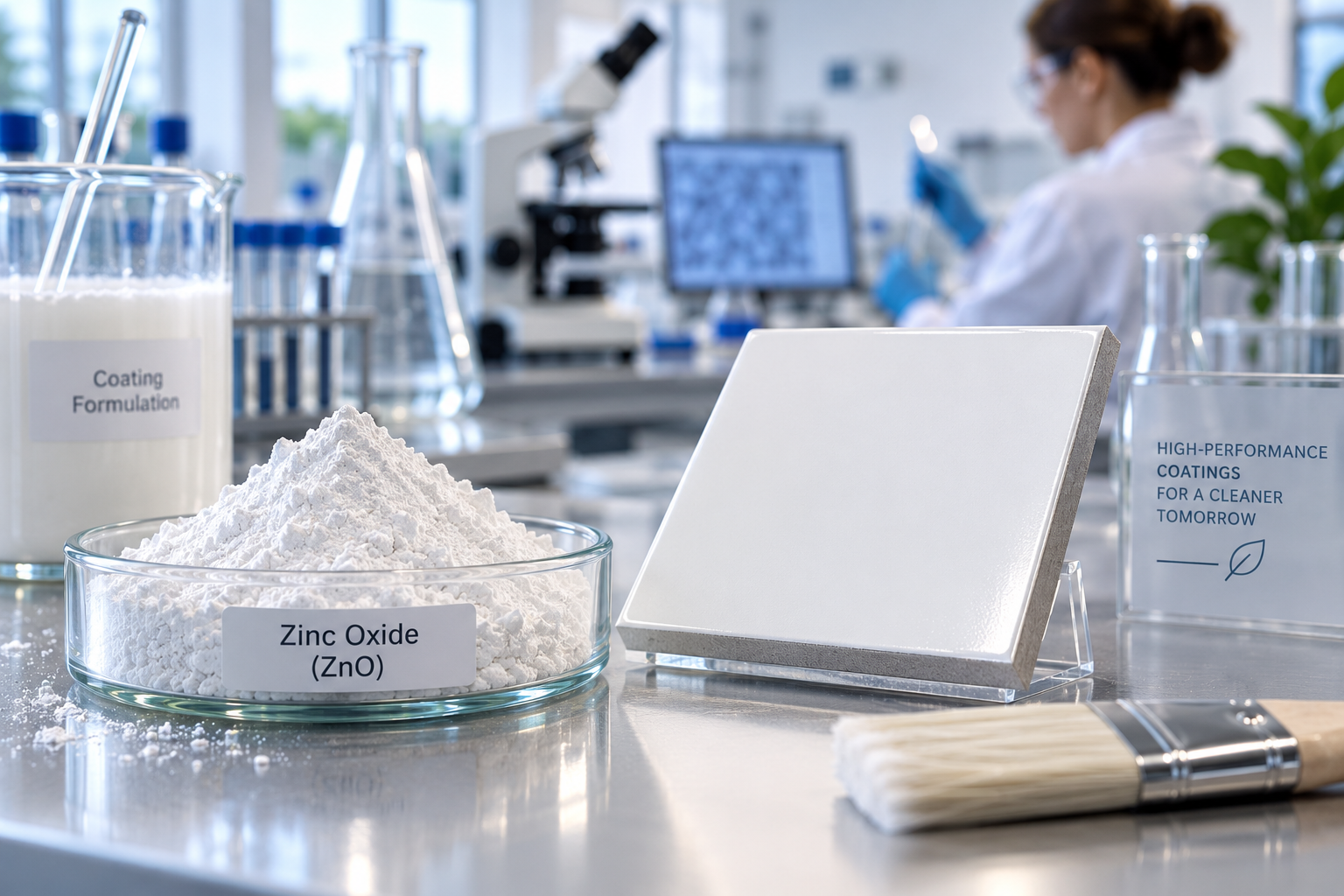 White zinc oxide powder in a coatings quality-control laboratory for architectural and marine applications