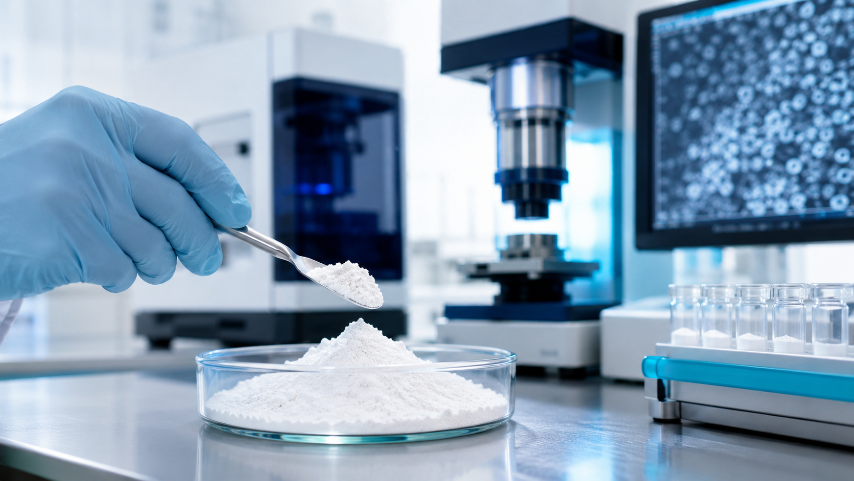 White zinc oxide powder in a laboratory quality-control setting for rubber applications.
