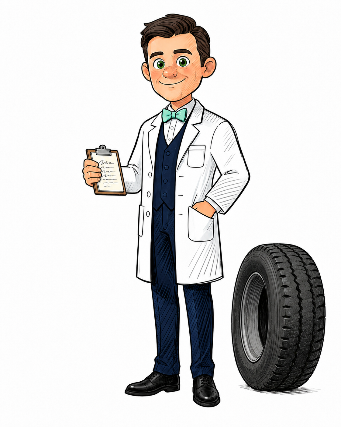 Dr. Zinc holding a technical clipboard beside an automotive tire.