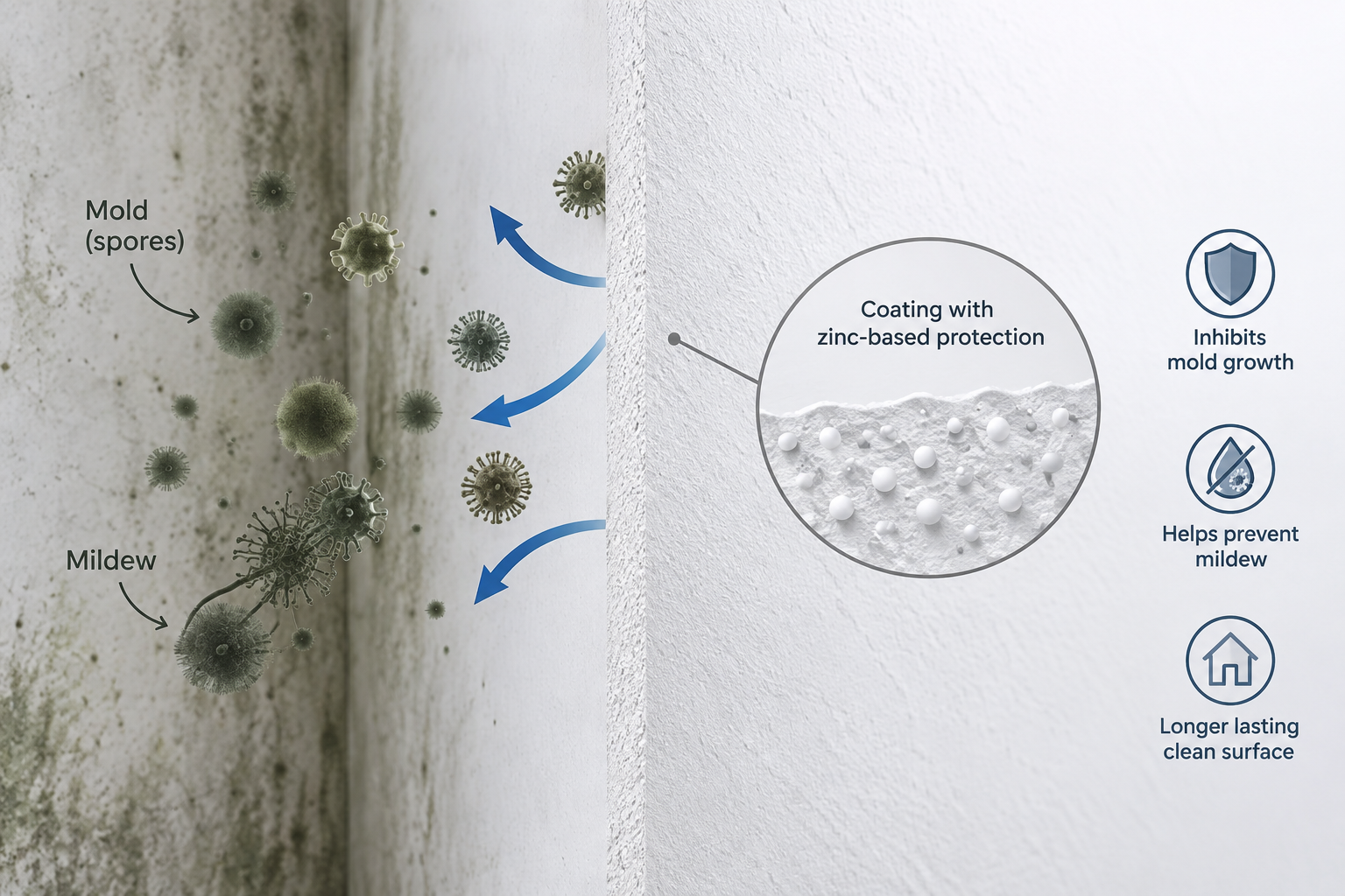 Illustration showing zinc oxide-containing coating helping inhibit mold and mildew growth on an exterior painted surface