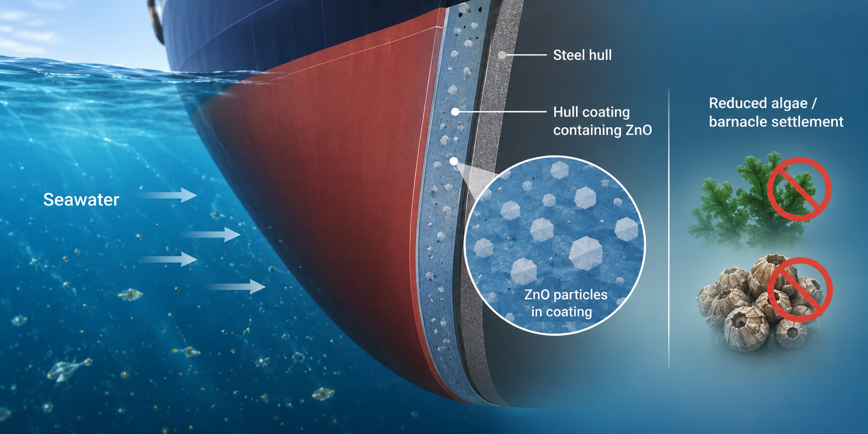 Simplified marine-coating illustration showing zinc oxide helping inhibit algae and barnacle settlement on a ship hull